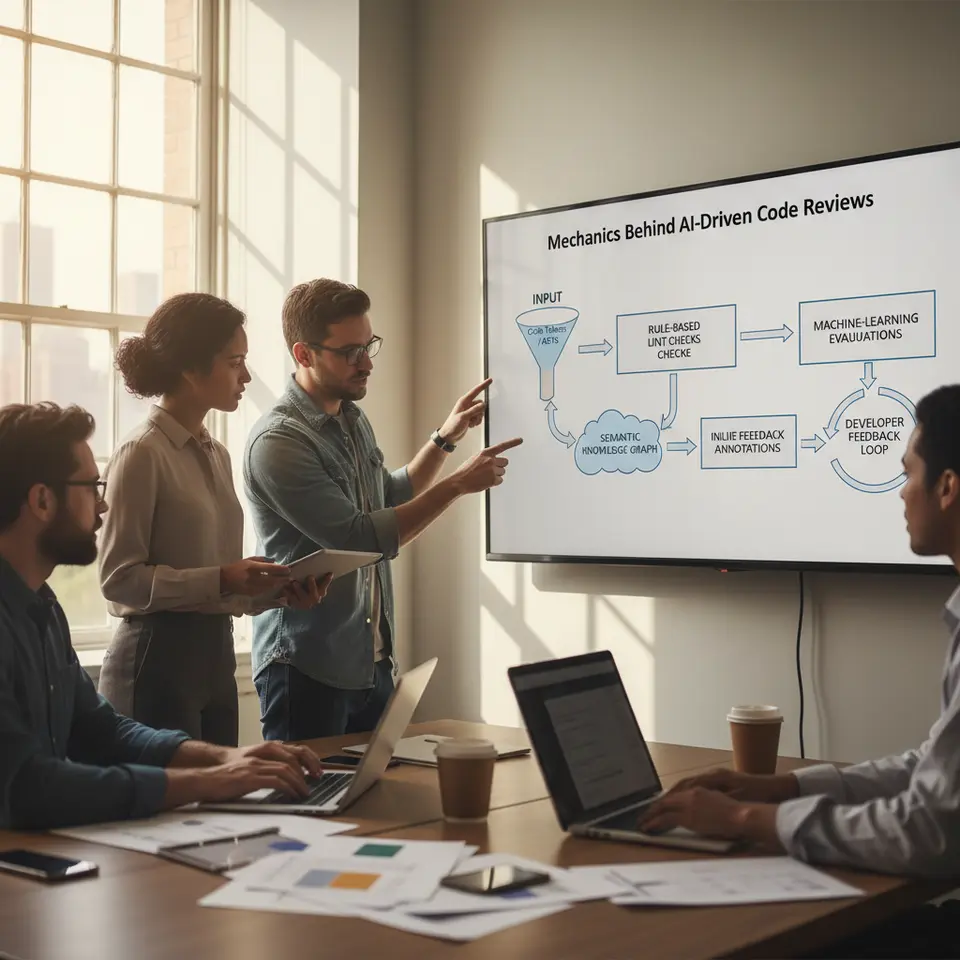 Mechanics Behind AI-Driven Code Reviews: A multi-stage pipeline diagram visualizing code flowing in as tokens or ASTs, passing through rule-based lint checks, feeding into a machine-learning evaluation engine, merging with a semantic knowledge graph, producing inline feedback annotations, and looping developer feedback back into the model