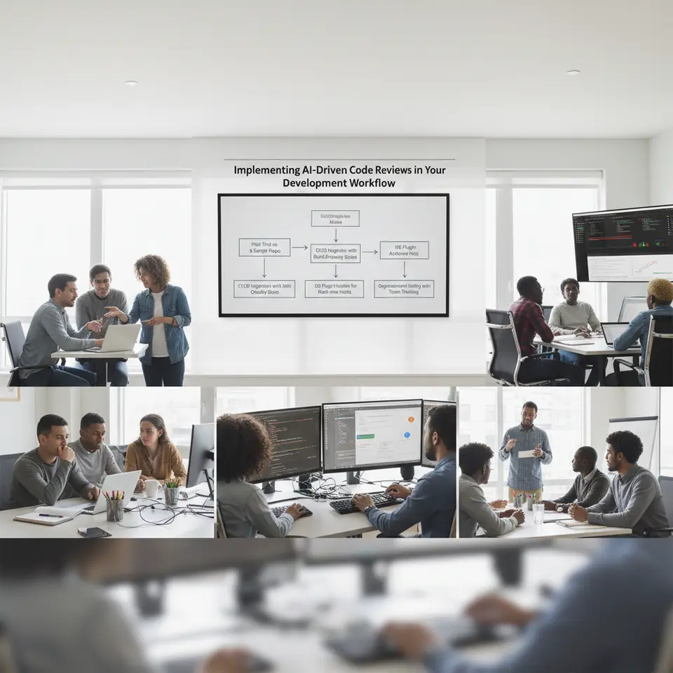 Implementing AI-Driven Code Reviews in Your Development Workflow: A phased rollout flowchart showing five stages—pilot trial on a sample repo, CI/CD integration with build-breaking quality gates, IDE plugin activation for real-time hints, monitoring dashboards tracking PR turnaround and defect escape rates, and organizational scaling with team training