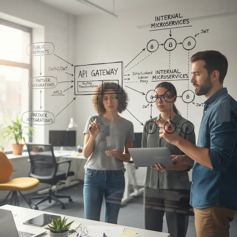 A detailed architecture map of an API ecosystem: show public endpoints, internal microservices, and partner integrations feeding into an API gateway (with routing, transformation, throttling policies). Overlay sidecar proxies (Istio/Linkerd) between pods illustrating mTLS links, and annotate authentication flows like OAuth2, JWT, and mutual TLS on each route.