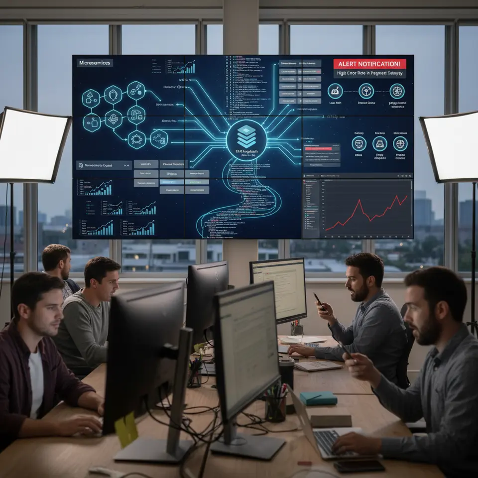 An end-to-end observability pipeline for APIs: depict microservices emitting metrics (Prometheus-style gauges), distributed traces (Jaeger/Zipkin spans flowing through services), structured JSON logs streaming into an ELK/Logstash/Kibana stack, real-time dashboards of latency and error rates, synthetic monitors pinging external endpoints, and alert notifications triggering on-call engineers via SMS or email.
