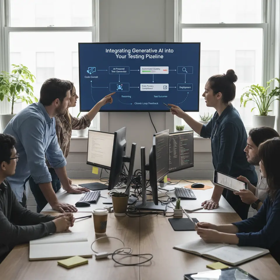Integrating Generative AI into Your Testing Pipeline: a detailed flow diagram showing a CI/CD pipeline where code commits trigger an AI-powered test generator, followed by automated quality gates (pass/fail indicators), human review stations, data privacy compliance checks, and closed-loop feedback arrows retraining the AI model based on test outcomes
