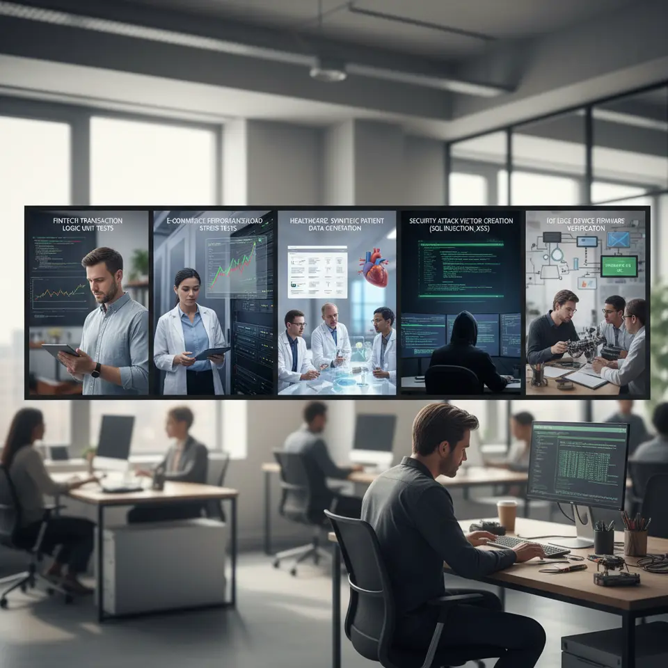 Common Use Cases in Diverse Industries: a multi-panel illustration depicting generative AI–driven testing across sectors—fintech transaction logic unit tests, e-commerce performance/load stress tests, healthcare synthetic patient data generation, security attack vector creation (SQL injection, XSS), and IoT edge device firmware verification