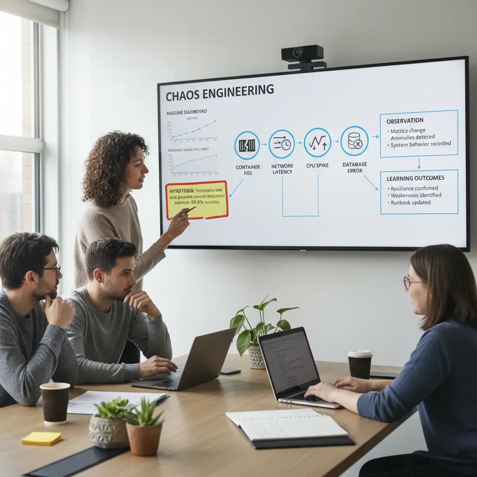 A diagram illustrating the scientific foundations of chaos engineering: show a baseline dashboard with charts for latency, error rate, and resource usage; a lab-style hypothesis note (e.g. “Terminate one payment service instance ⇒ maintain 99.9% success”); icons representing fault injections like a container kill, network latency, CPU spike, and database error; and arrows leading to observation and learning outcomes.