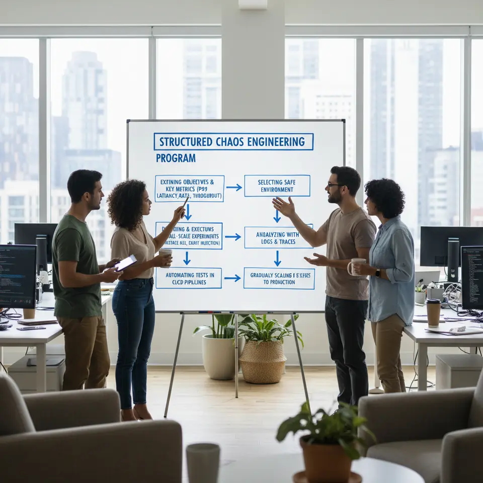 A flowchart-style graphic of a structured chaos engineering program: sequential panels for Executive & cross-functional buy-in; Defining objectives and key metrics (p99 latency, error rate, throughput); Selecting a safe staging environment; Designing and executing small-scale experiments (instance kill, delay injection); Automating tests in CI/CD pipelines; Analyzing results with logs and traces; and Gradually scaling experiments to production.