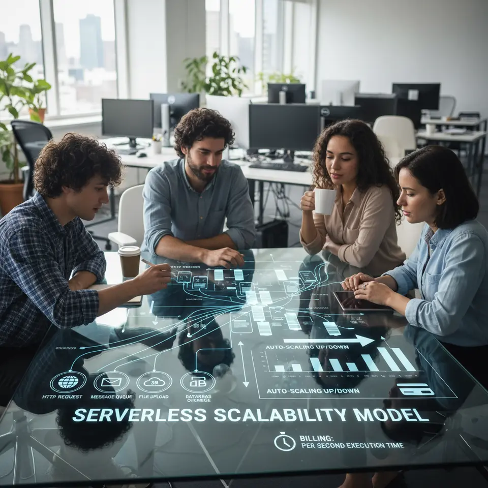 A visual diagram of the Serverless Scalability Model: show ephemeral compute containers auto-spinning in response to diverse event triggers (HTTP requests, message queues, file uploads, database changes), dynamically auto-scaling up and down, and billing based on actual execution time.