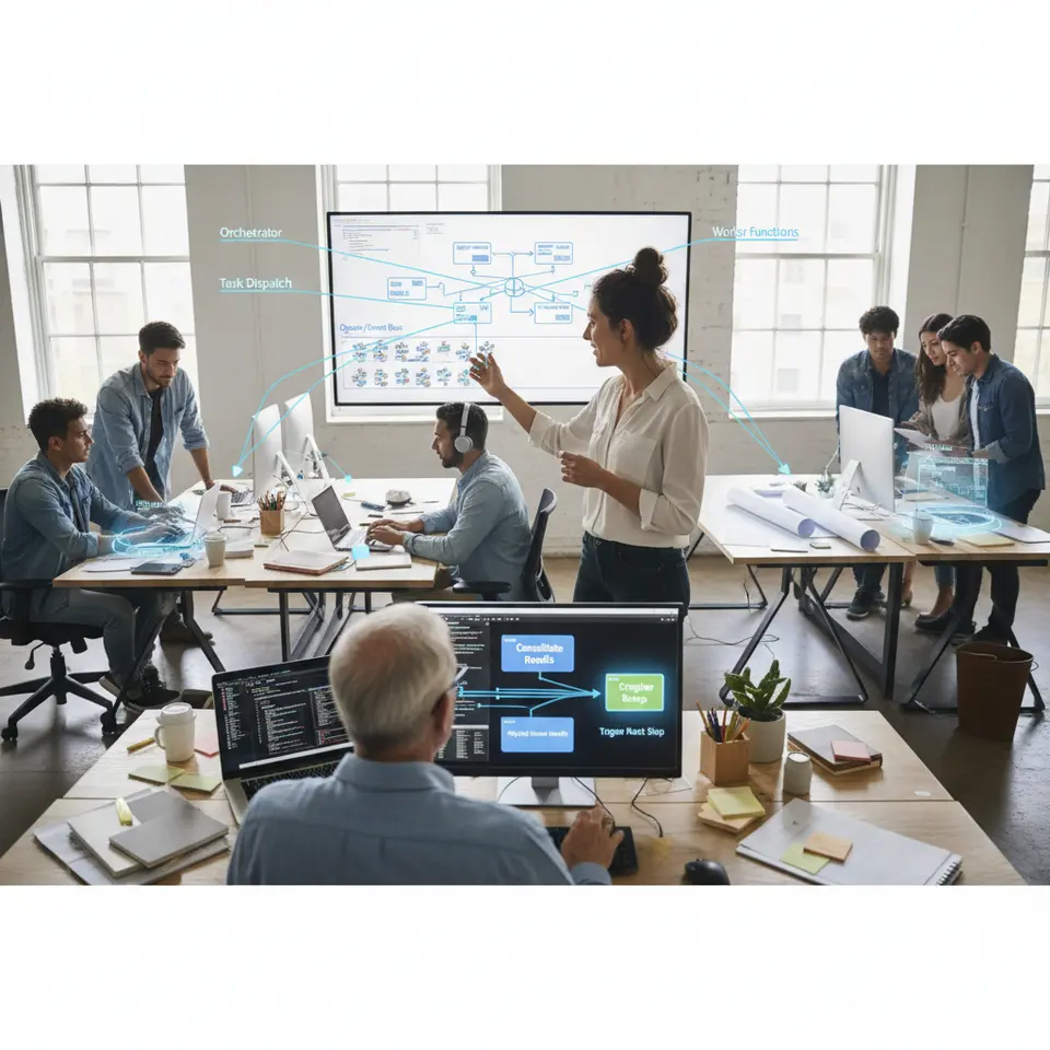 A Fan-Out/Fan-In parallel execution workflow: illustrate an orchestrator function dispatching multiple tasks into a queue or event bus, parallel worker functions processing items concurrently, and a final aggregator consolidating results to trigger the next step.