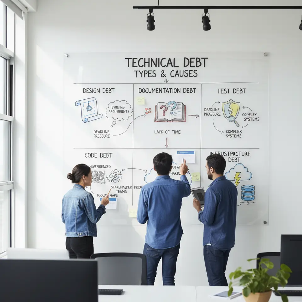 Infographic showing the five types of technical debt—Design Debt, Code Debt, Documentation Debt, Test Debt, Infrastructure Debt—each represented by a distinct icon or visual element, with arrows linking to their root causes (deadline pressure, evolving requirements, inexperienced teams, tooling gaps, stakeholder priorities).