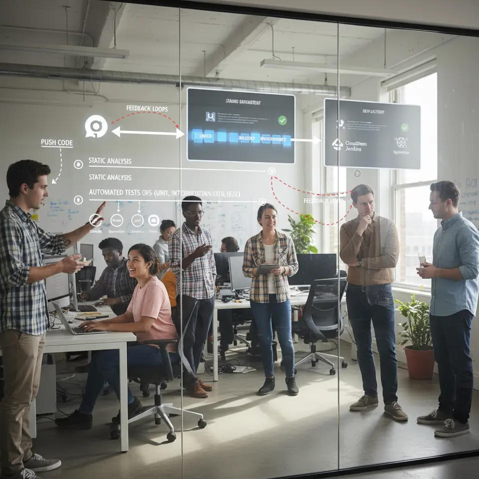 Diagram of an automated CI/CD pipeline: developer pushing code to a repository, static analysis and automated tests (unit, integration, end-to-end) running in parallel, build artifacts flowing into staging and production deployments, with tool icons (e.g., Jenkins, GitLab CI) and feedback loops highlighting rapid iteration.