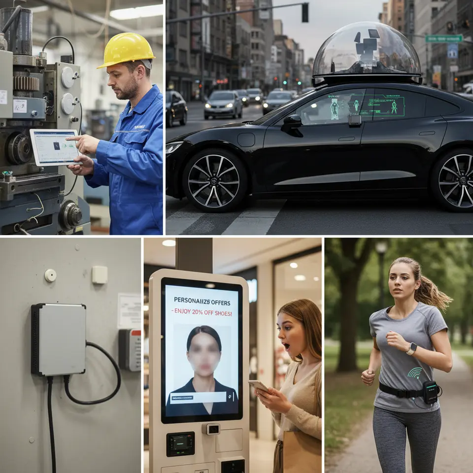 Practical Use Cases Across Industries – Design a composite visual showcasing multiple real-world edge computing applications: a factory floor with vibration-sensing machinery triggering predictive maintenance alerts; a self-driving car processing LIDAR/RADAR data in real time; a retail kiosk analyzing foot-traffic video for personalized promotions; and a wearable health device performing on-site vital-sign analysis, each connected to nearby edge nodes.